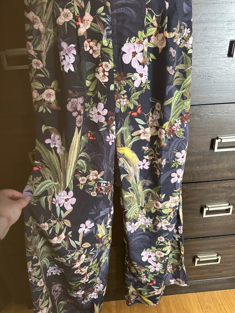 H&M Floral Wide-Leg Pants in Navy with Pink & Green Botanicals